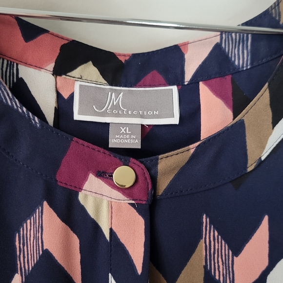 JM Collection Navy Blue White Pink Tan Geometric Arrows Blouse Shirt Top Sz XL - Picture 2 of 5